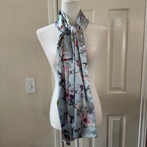 100% Silk Floral Scarf – Long Lightweight Blue Pink Magnolia Print Wrap